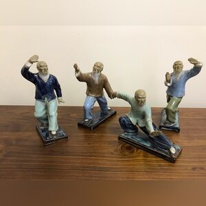 Vintage 1960’s Chinese Tai Chi Mudman Glaze Ceramic Figurines Set